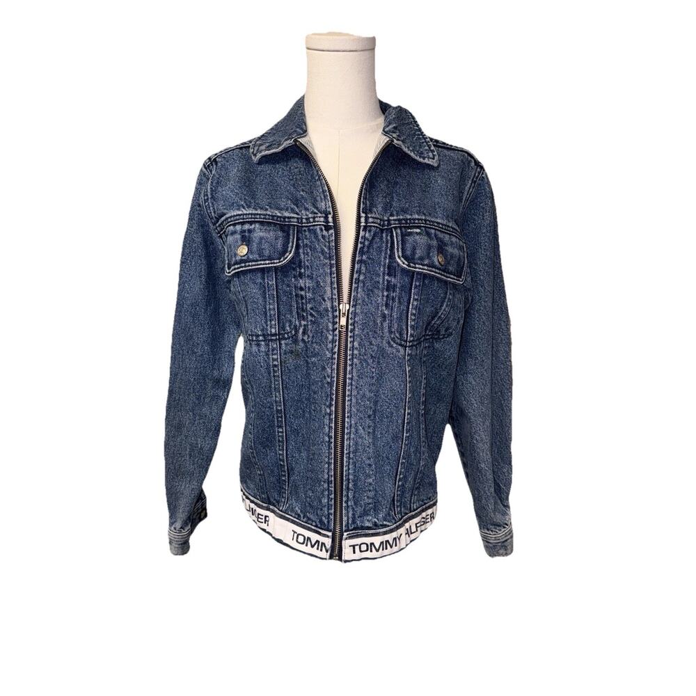 Vintage 90s Tommy Hilfiger Jeans Jacket Womens Medium Blue Denim Big Flag Logo S